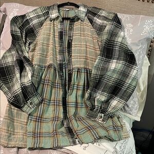 GeeGee Plaid Patchwork lightweight Shacket raw hem, oversized